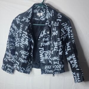 Disney D-Signed Brand Black and White Graphic Faux Leather Moto Jacket